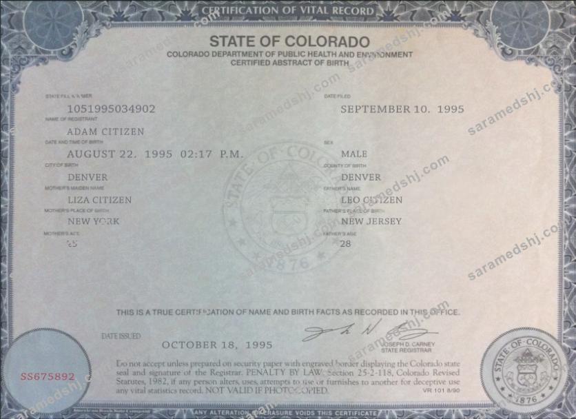 USA Colorado state birth certificate template in PSD format